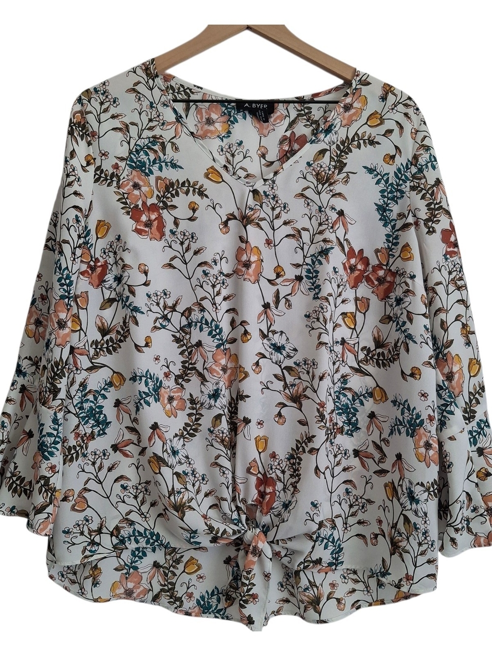 A. Byer White Floral Tie-Front Blouse w/ Bell Sleeve, Size L, Classic, Career